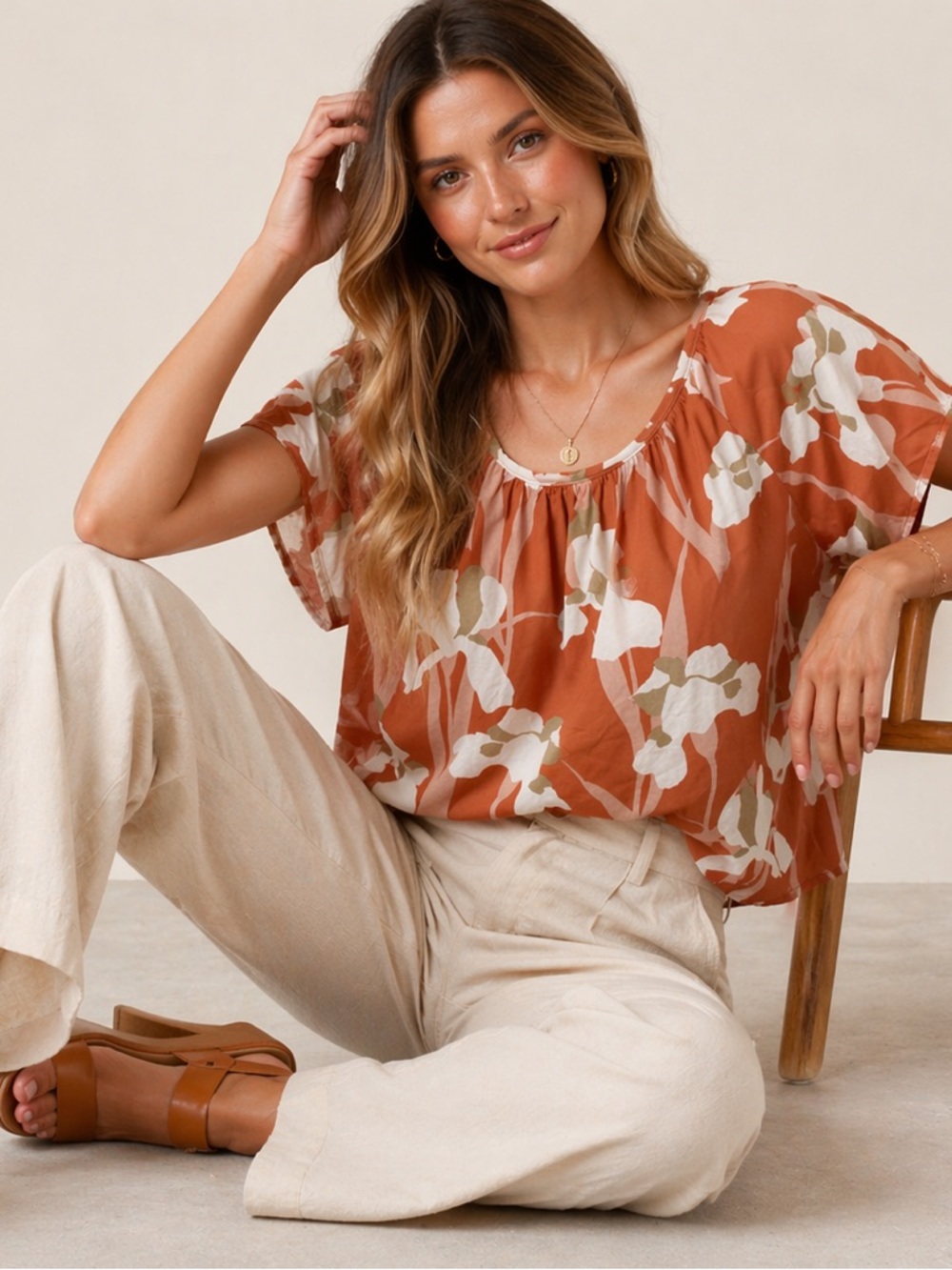 Liz Claiborne Floral Blouse | Terracotta Flowy Peasant Style | Cottagecore Chic